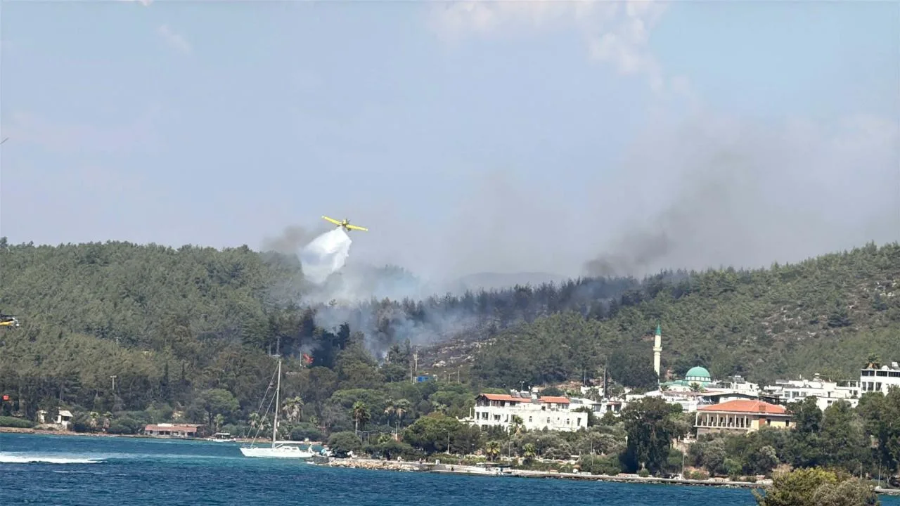 Muğla Bodrum’da orman yangınına müdahale eden ekipler ve dumanlar