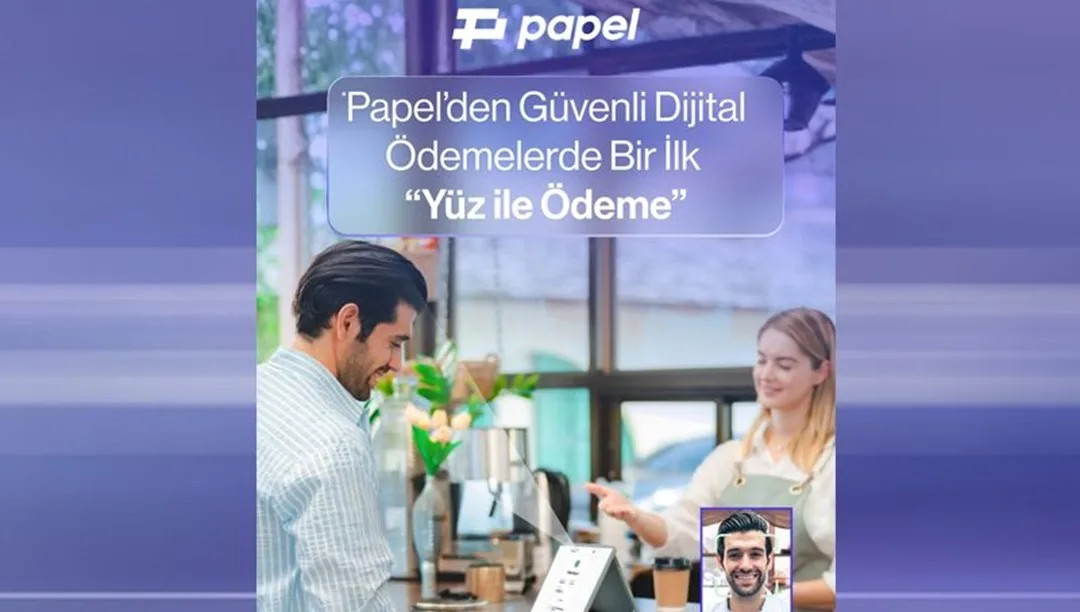Papel logosu ve yüz ile ödeme teknolojisini simgeleyen soyut grafikler