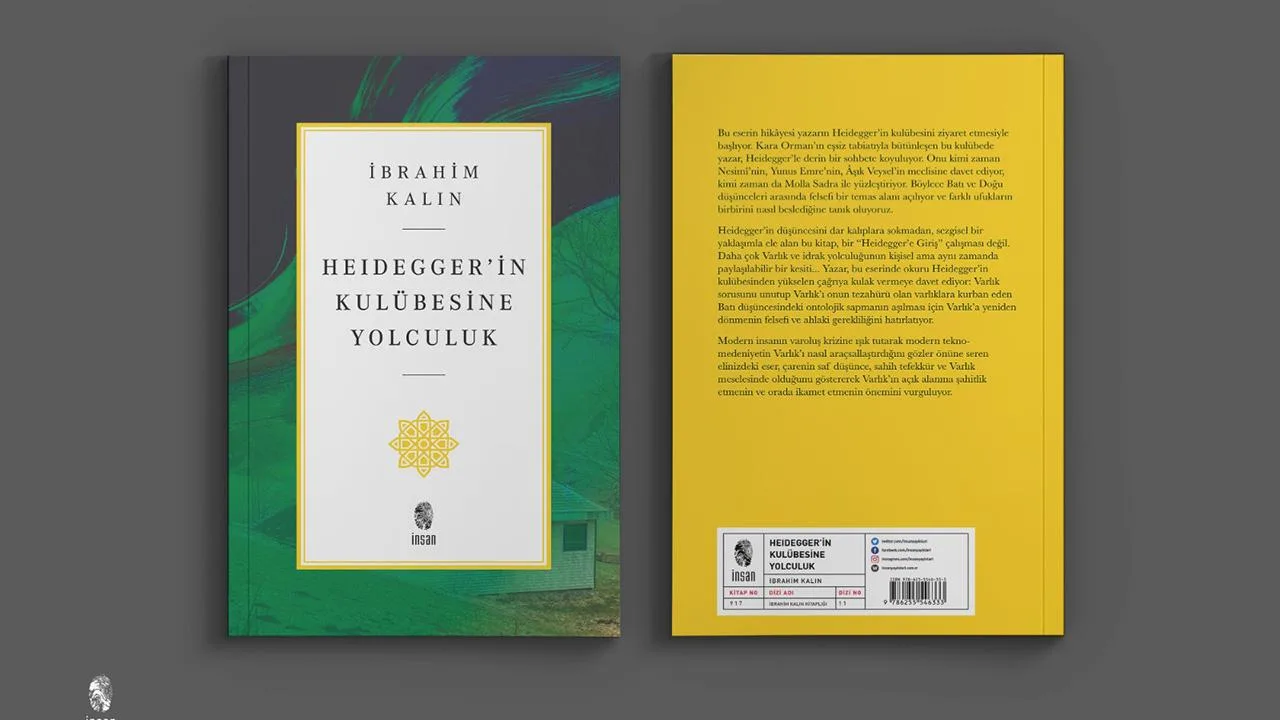 Kalın'ın yeni kitabı 'Heidegger'in Kulübesine Yolculuk' kapağı ve adı görünür şekilde sergilenmiş.