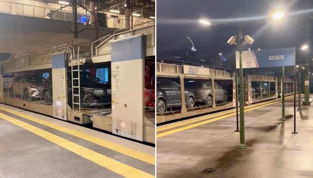 Togg logolu vagonların Marmaray üzerinden geçişini gösteren tren vagonları