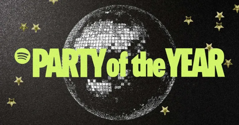 Spotify logosu ve 20. yıl kutlamasını çağrıştıran renkli grafiklerle müzik teması