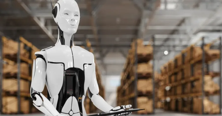 Robotik kollar ve insanlar arasında gerilim hissi veren, teknolojik öğeler ön planda bir sahne