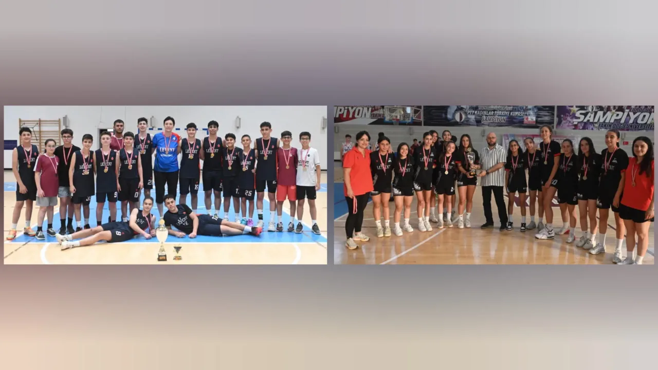 Levent Spor Kulübü sporcuları kupalarla birlikte kutlama yapıyor
