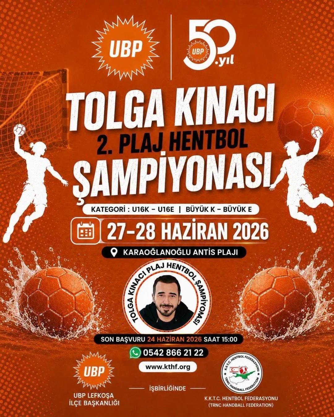 Tolga Kınacı Plaj Hentbol Turnuvası afişi veya plajda hentbol oyuncularına dair görsel, etkinlik duyurusu