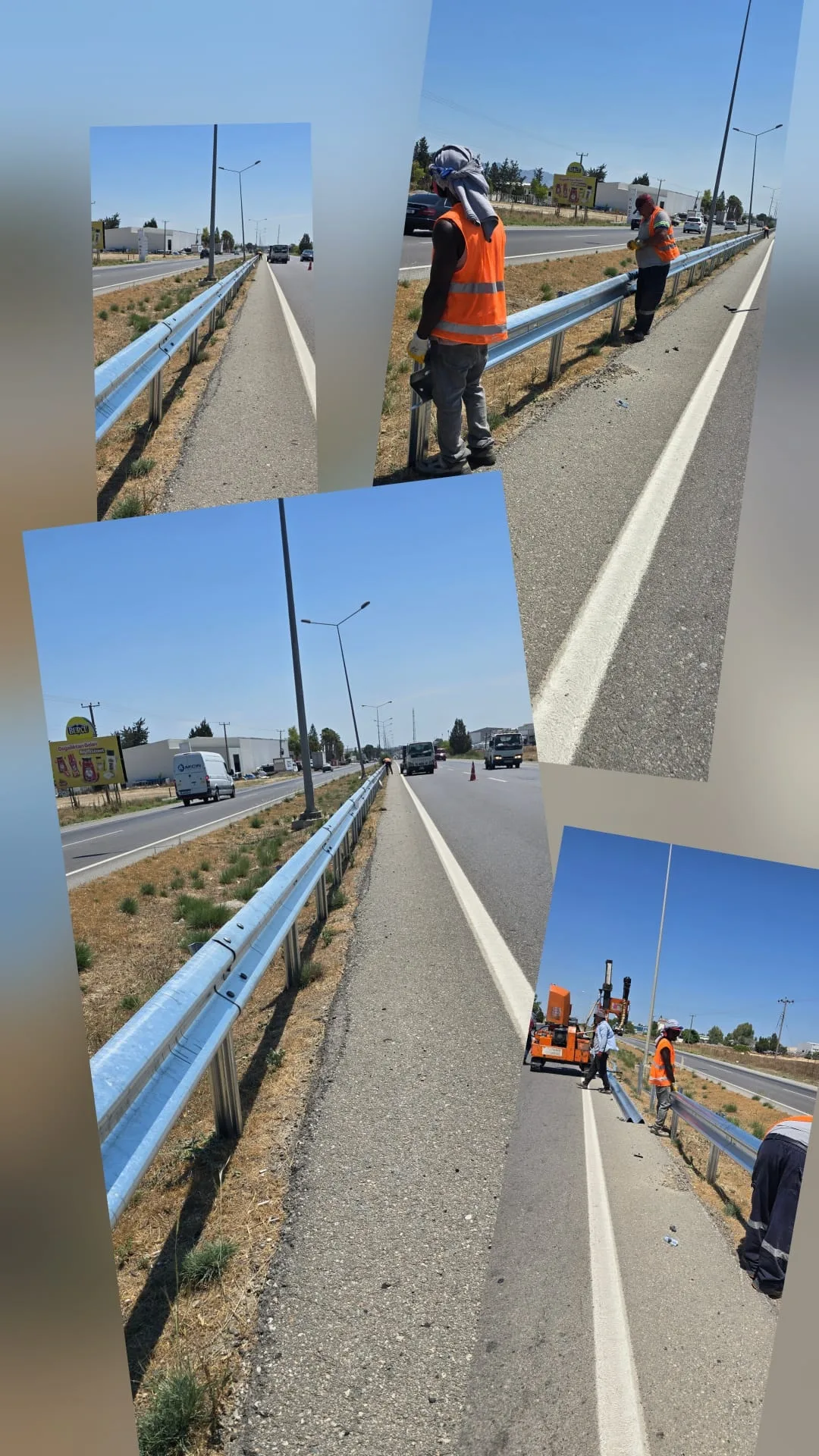 Lefkoşa-Güzelyurt ana yolunda oto korkuluk çakım çalışmalarını gösteren yol kenarı ekip ve ekipmanlar