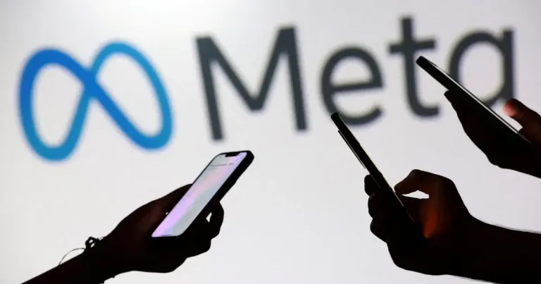 Meta logosu ve kapatılan hesapların simgelerini temsil eden soyut grafik