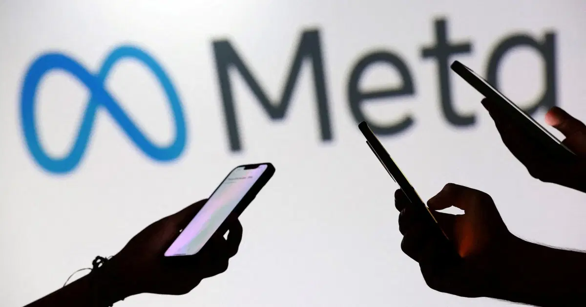 Meta logosu ve kapatılan hesapların simgelerini temsil eden soyut grafik