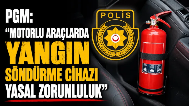 PGM logosu veya resmi eşliğinde motorlu araçlarda yangın söndürme cihazı kullanımına dair uyarı veya bilgilendirme görseli