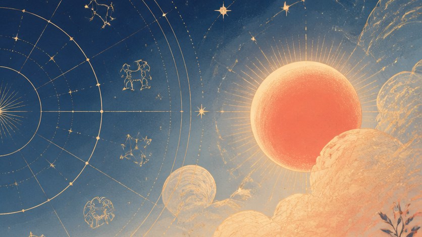 Güneş, yıldızlar ve burç çemberinin yer aldığı astroloji illüstrasyonu