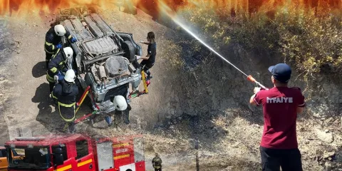 Yangın sonrası hasar gören alan; enkaz ve yanmış bitki örtüsü gösteriliyor