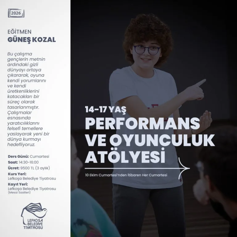 Lefkoşa Türk Belediyesi logosu veya afişiyle duyurulan yaratıcı drama ve oyunculuk atölyelerine ilişkin görsel