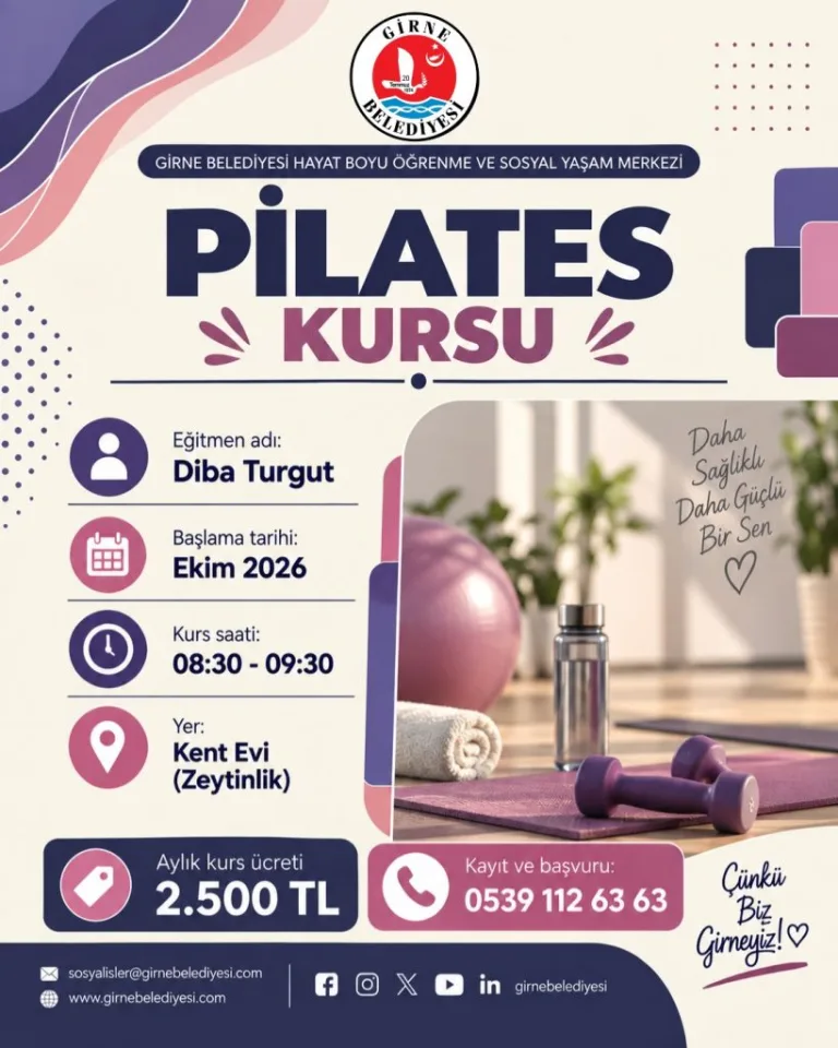 Girne Belediyesi kurs dönemi afişi — Fotoğrafçılık, Koza, Pilates ve Arjantin Tango kursları başlaması duyurusu