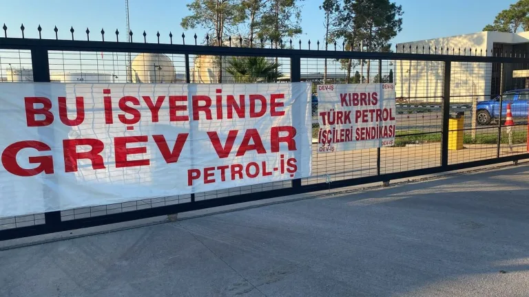 Dev-İş bayrağı taşıyan göstericiler, Kıbrıs Türk Petrolleri önünde iki saatlik uyarı grevi düzenliyor