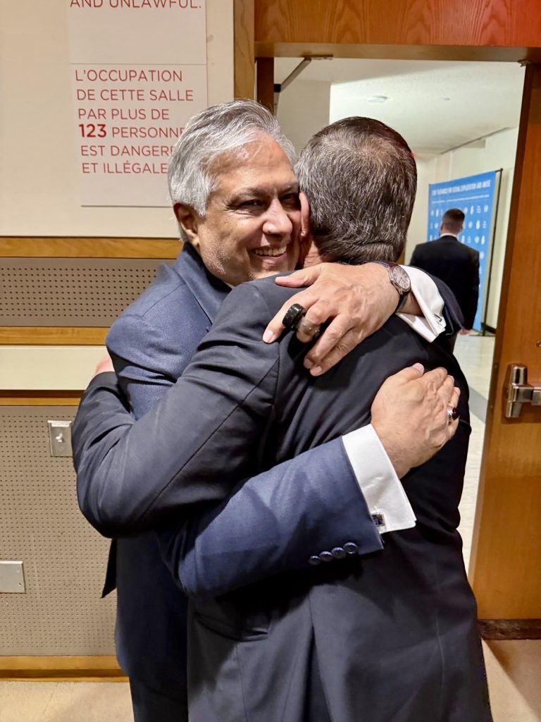 Ertuğruloğlu ile Pakistan Dışişleri Bakanı Mohammad Ishaq Dar görüşürken yan yana duruyor
