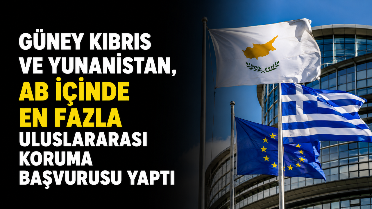 Güney Kıbrıs ve Yunanistan bayraklarıyla birlikte AB haritası ve koruma başvurusu vurgusu