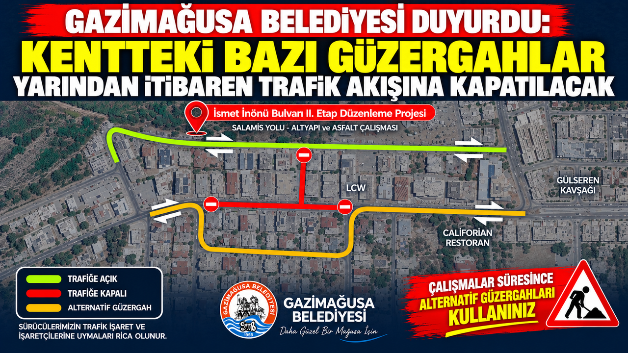 Gazimağusa Belediyesi duyuru panosu veya trafik şeridiyle kapatılan bir yolun işaretleri