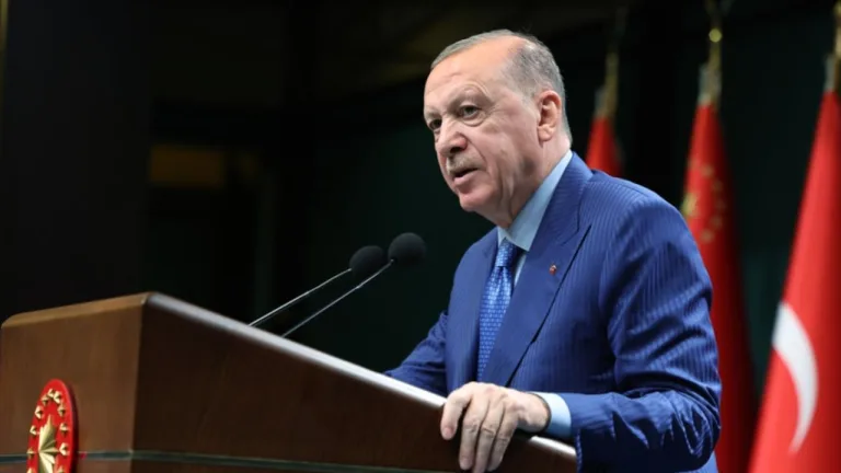 Cumhurbaşkanı Erdoğan konuşma yaparken mikrofon önünde, vurgulu ifadelerle dinleyenlere sesleniyor