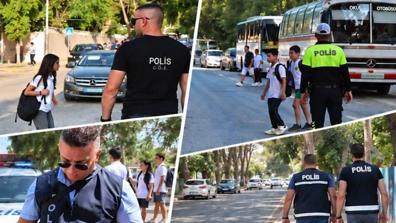 PGM personeli okul çevresinde denetim yaparken güvenlik önlemlerini gözden geçiriyor