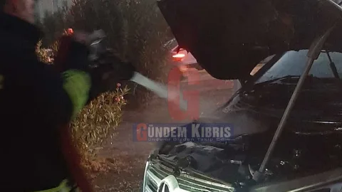 Seyir halindeki bir aracın alevler içinde kaldığı anı gösteren görüntü