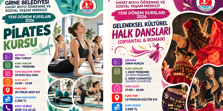 Girne Belediyesi yeni dönem kursları duyurusu görseli — iletişim ve kayıt bilgileri içeren tanıtım
