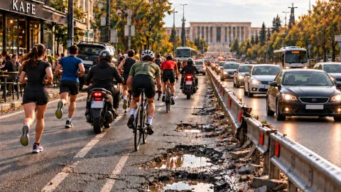 Green Pedal grubunun meclis önündeki farkındalık etkinliği afişi ve katılımcılar