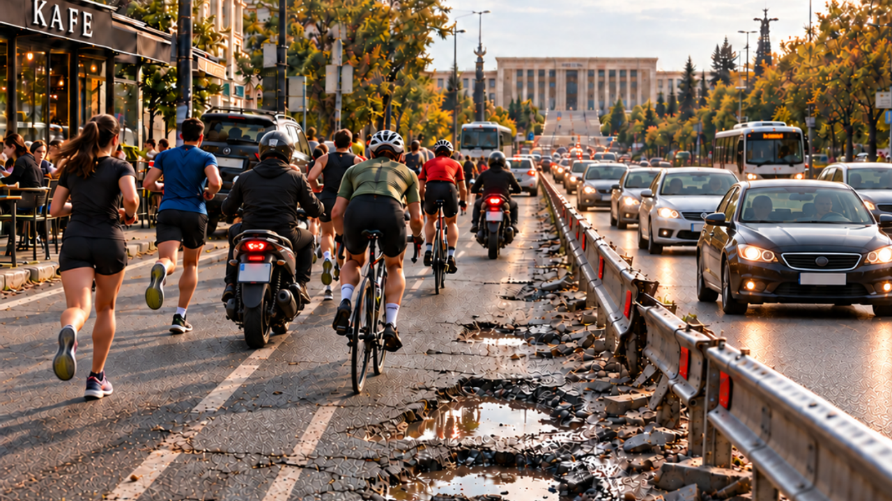Green Pedal grubunun meclis önündeki farkındalık etkinliği afişi ve katılımcılar
