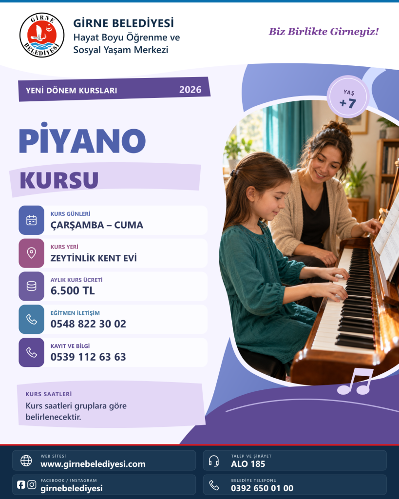 Girne Belediyesi yeni dönem müzik kursları için kayıt bilgisinin duyurulduğu haber görseli