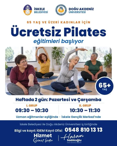 İskele Gençlik Merkezi'nde Pilates matları üzerinde egzersiz yapan 65 yaş ve üzeri kadınlar