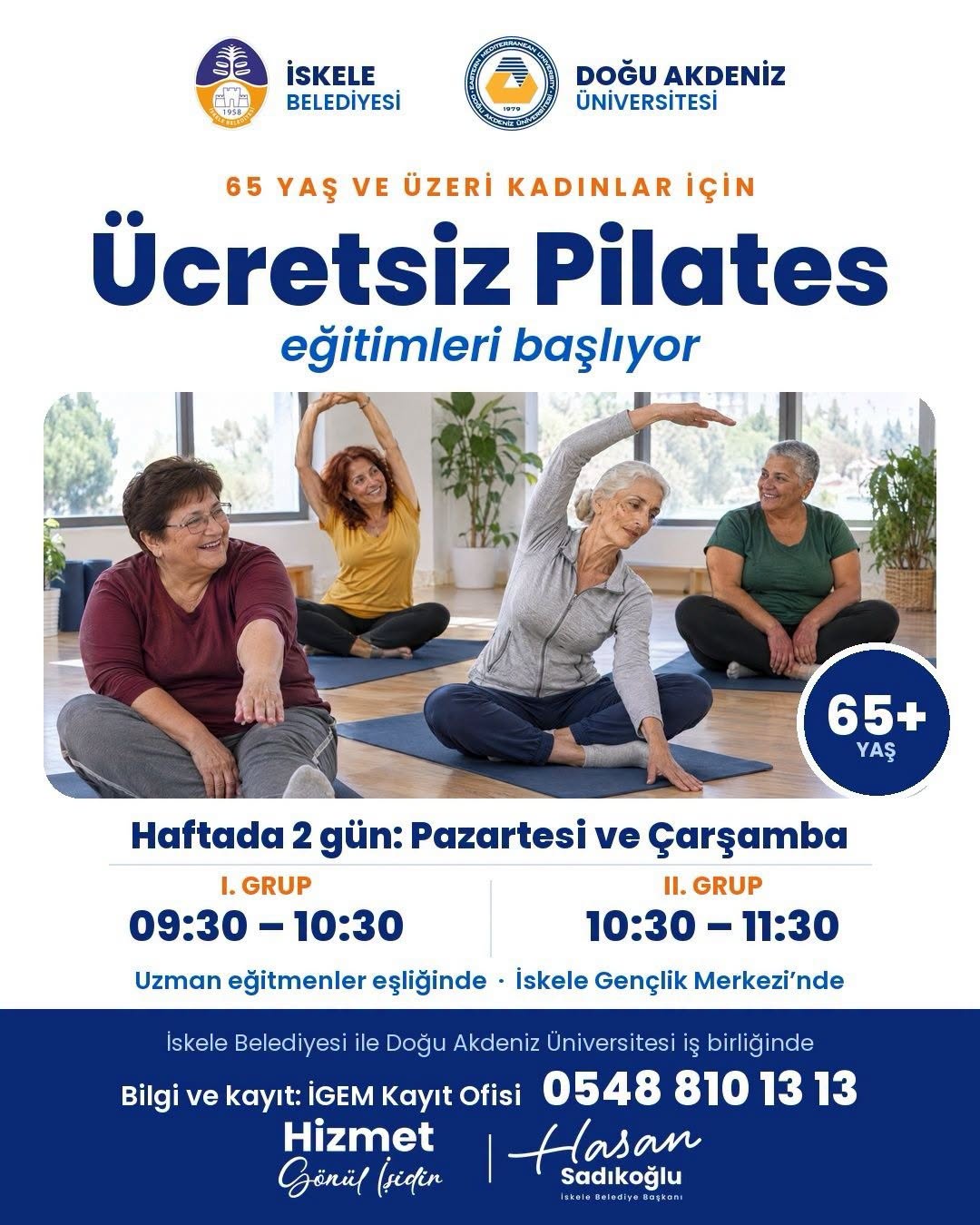 İskele Gençlik Merkezi'nde Pilates matları üzerinde egzersiz yapan 65 yaş ve üzeri kadınlar