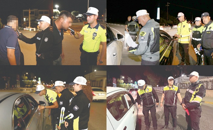 Yol kenarında trafik kontrolü yapan polisler ve durdurulmuş araçlar.