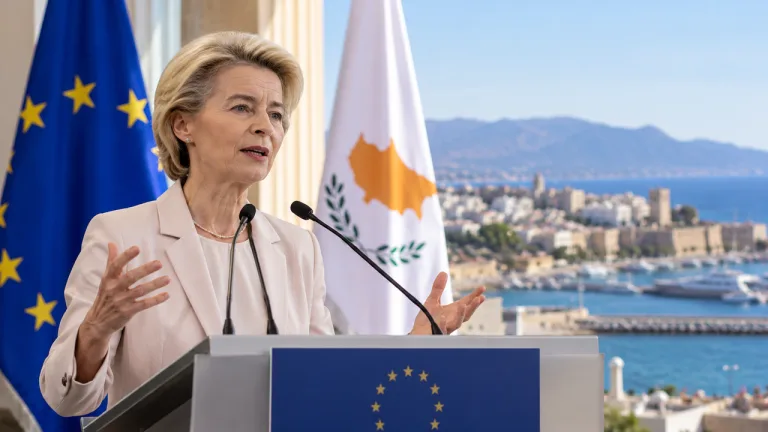 Ursula von der Leyen konuşurken arka planda Güney Kıbrıs bayrağı ve AB sembolleri