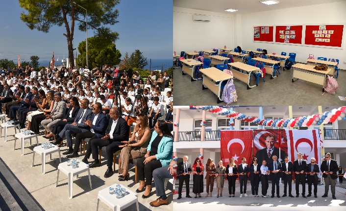Eğitim yatırımlarını simgeleyen okul binaları ve öğrencilerle ilgili çalışma veya tören görüntüsü.