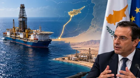 Ellinas açıklama yaparken mikrofonlar ve gazeteciler önünde konuşuyor