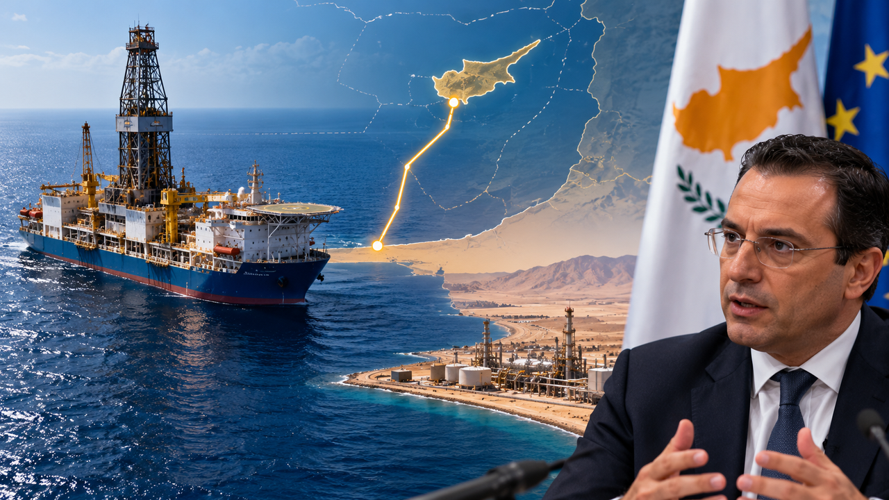 Ellinas açıklama yaparken mikrofonlar ve gazeteciler önünde konuşuyor