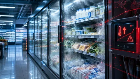 Market rafları ve kasalar önünde belirsiz bir siber tehdit vurgusu