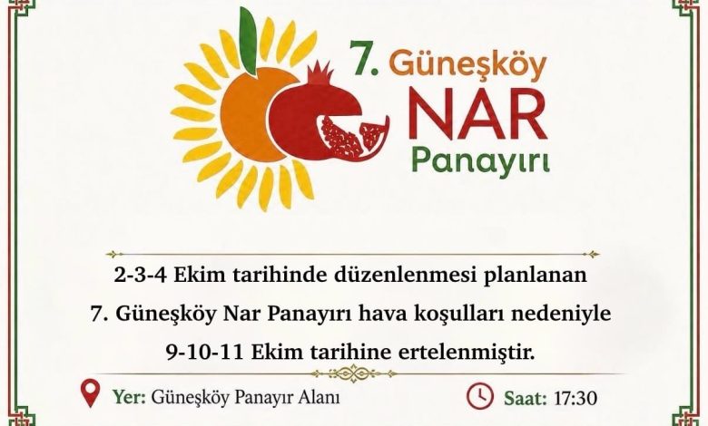 Güneşköy Nar Panayırı için duyuru: etkinliğin 9-10-11 Ekim tarihlerine ertelendiğine ilişkin afiş veya pano