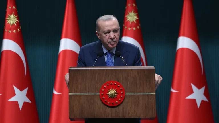Cumhurbaşkanı Erdoğan konuşma yaparken kürsüde mikrofonlara bakıyor