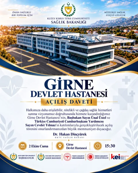 Girne ve Güzelyurt devlet hastanelerinin açılış duyurusunu yansıtan görsel