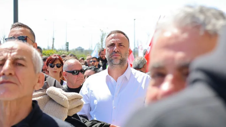 Çeler konuşurken mikrofon önünde, TDP bayrağı ve parti üyeleri arka planda