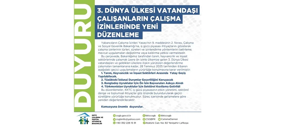 Çalışma Bakanlığı, üçüncü dünya ülkesi çalışanların çalışma izinlerine yeni düzenleme getirdi – BRTK