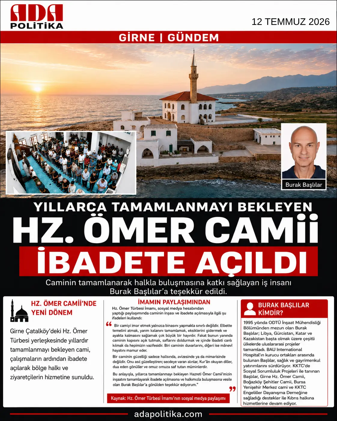 Yıllarca Tamamlanmayı Bekleyen Hazreti Ömer Camii İbadete Açıldı